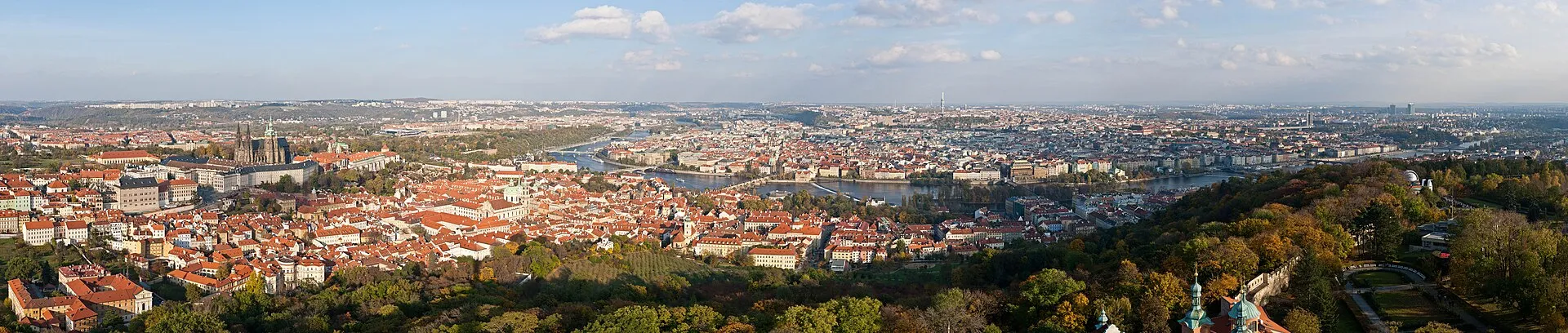 Prague rooftops and the Vltava seen from the Petřín lookout tower